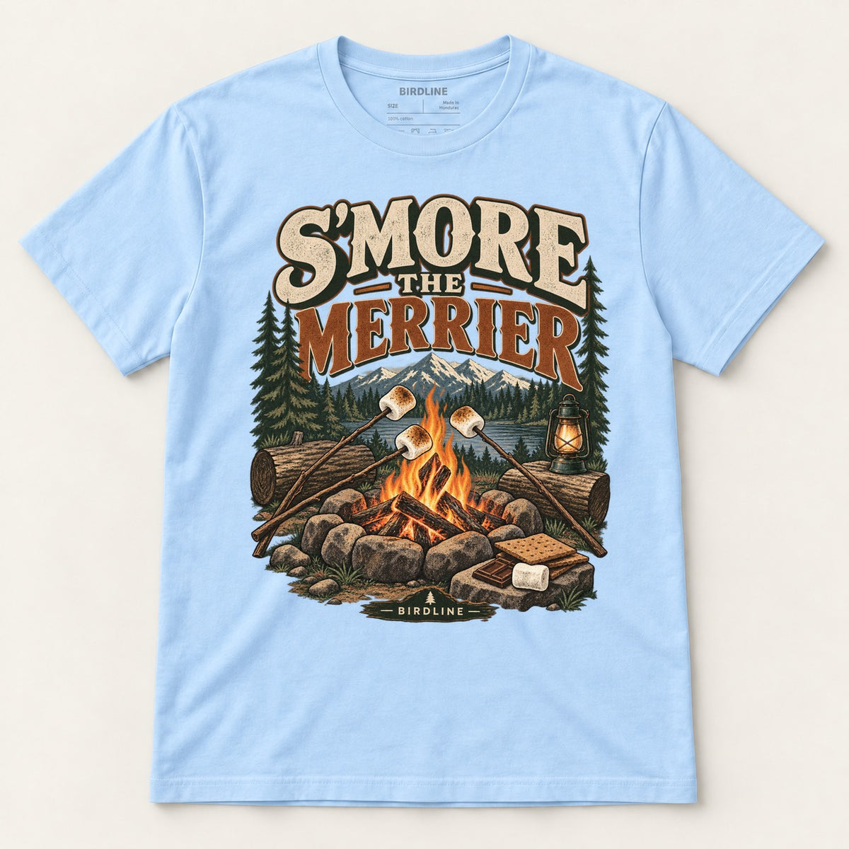 S'more The Merrier T-Shirt in Light Blue, front view premium-quality garment detail