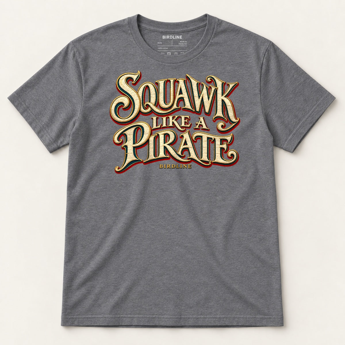 Squawk Like A Pirate T-Shirt in Dark Heather Grey, front view