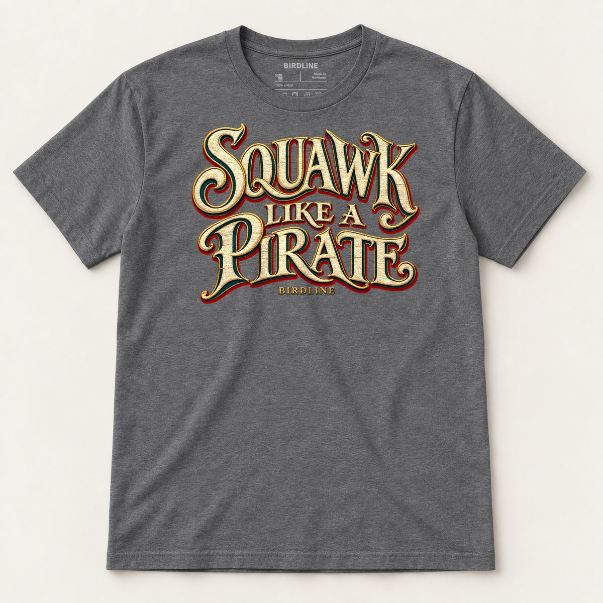 Squawk Like A Pirate T-Shirt in Dark Heather, front view