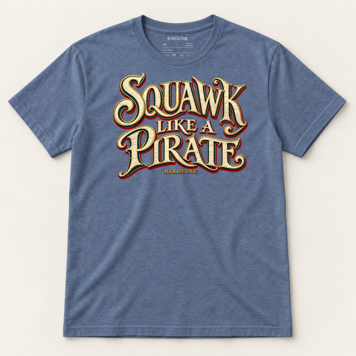 Squawk Like A Pirate T-Shirt in Heather Indigo, front view