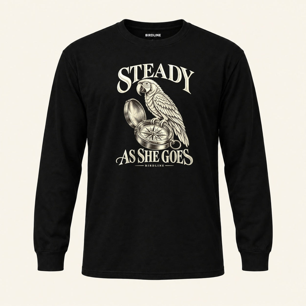 Steady As She Goes Long Sleeve Shirt in Black, front view premium-quality garment detail