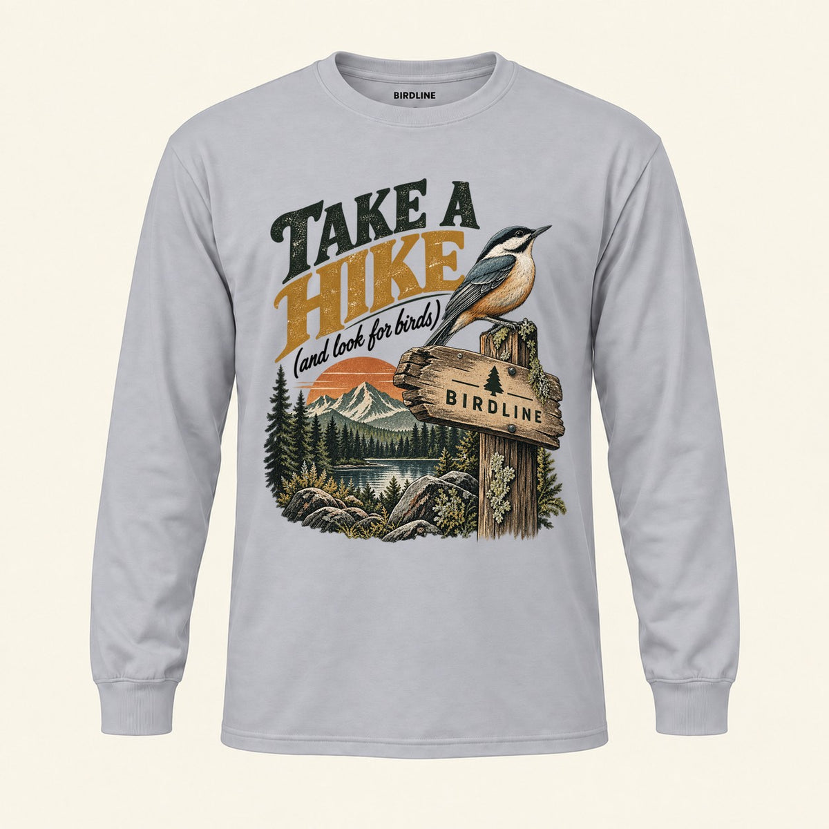 Take A Hike Long Sleeve Shirt in Sport Grey, front view premium-quality garment detail