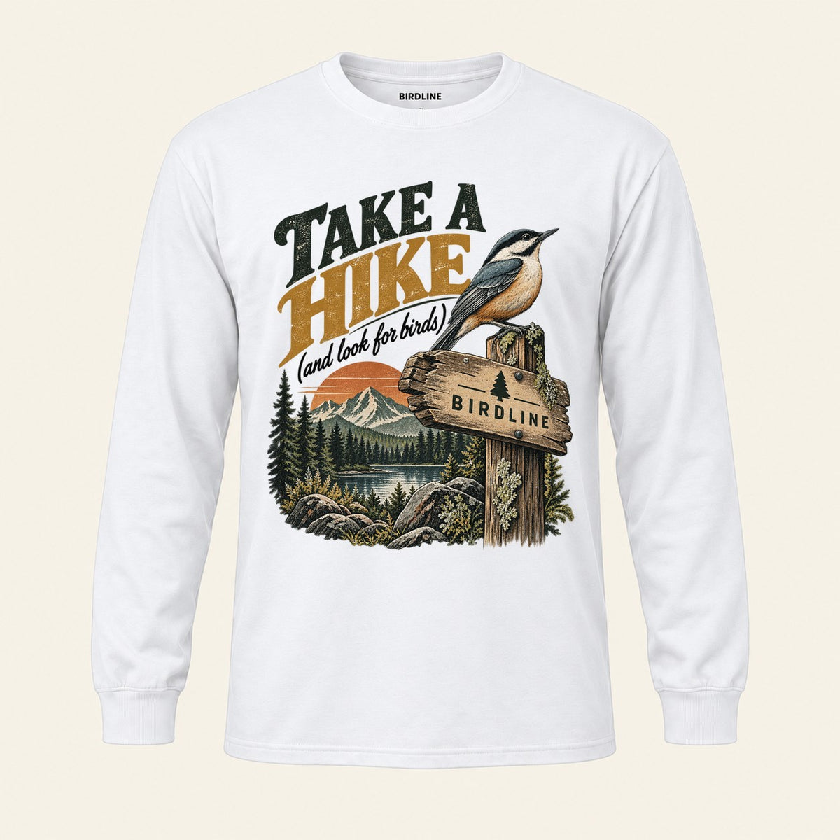 Take A Hike Long Sleeve Shirt in White, front view