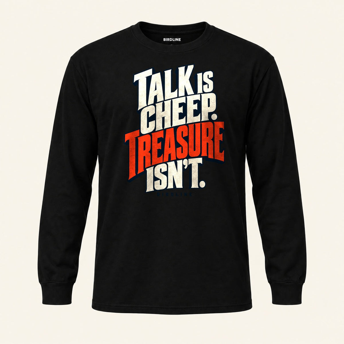 Talk Is Cheep Long Sleeve Shirt in Black, front view