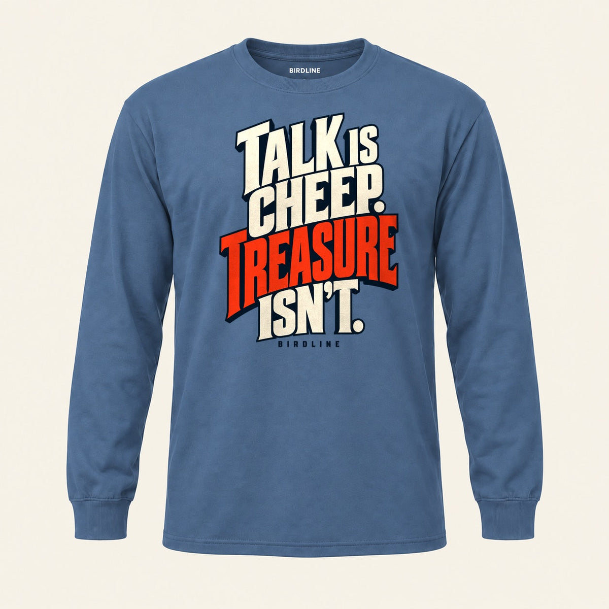 Talk Is Cheep Long Sleeve Shirt in Indigo Blue, front view