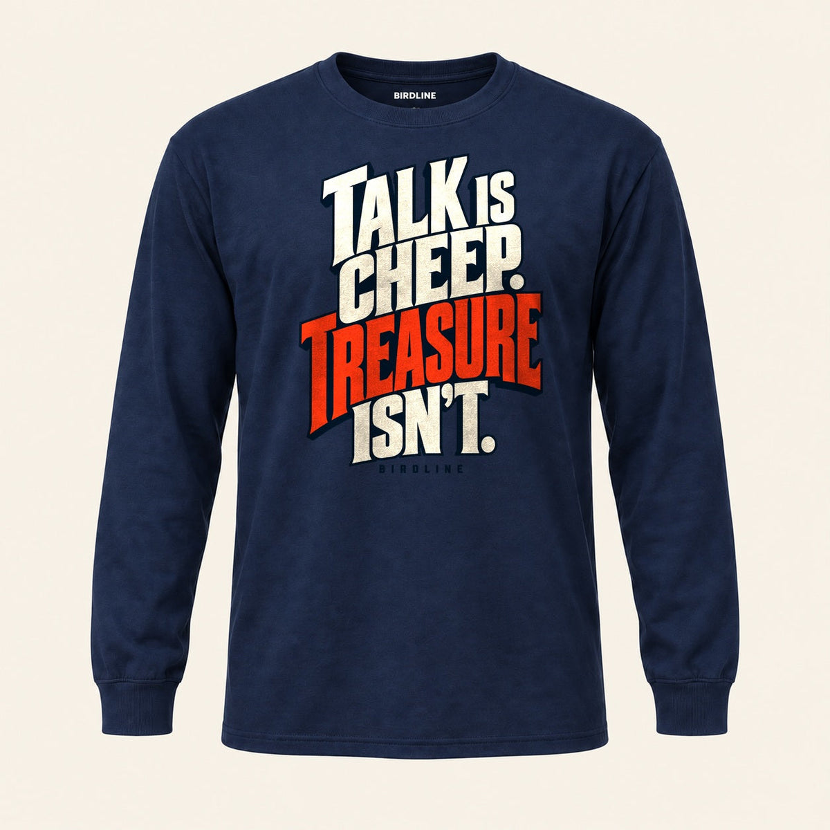 Talk Is Cheep Long Sleeve Shirt in Navy, front view