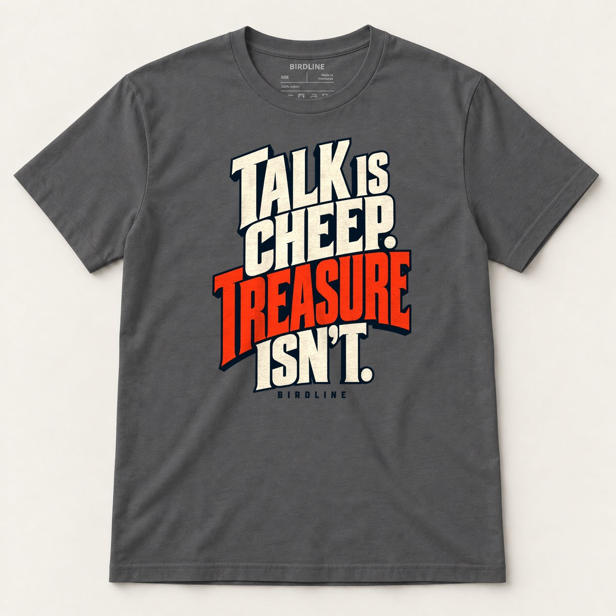 Talk Is Cheep T-Shirt in Charcoal, front view