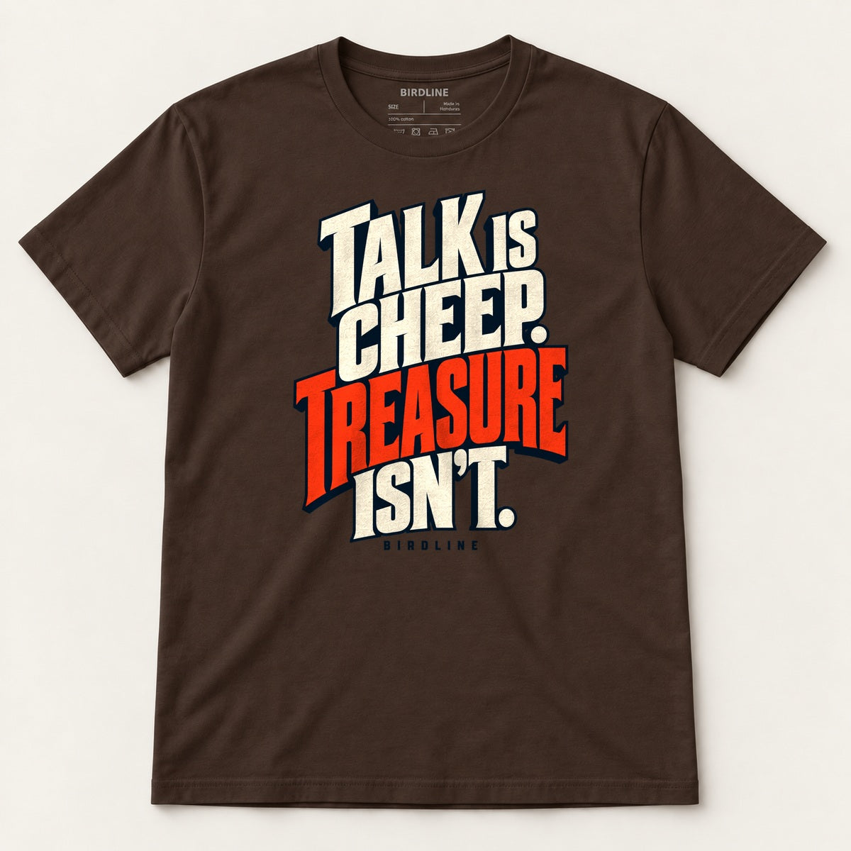 Talk Is Cheep T-Shirt in Dark Chocolate, front view
