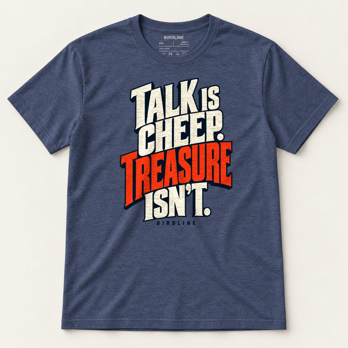 Talk Is Cheep T-Shirt in Heather Navy, front view