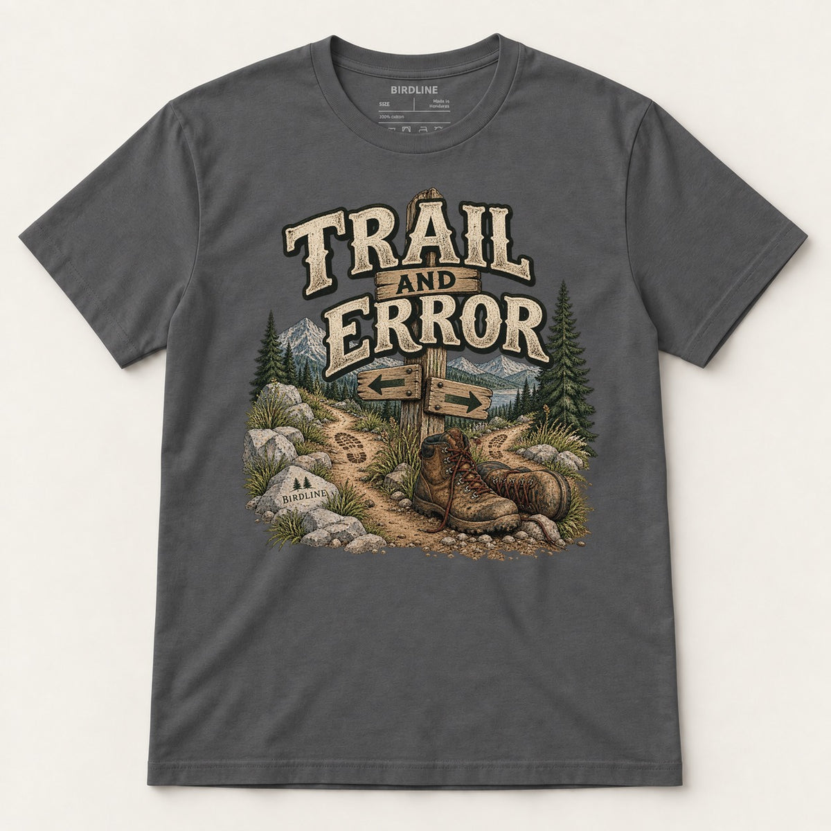 Trail And Error T-Shirt in Charcoal, front view