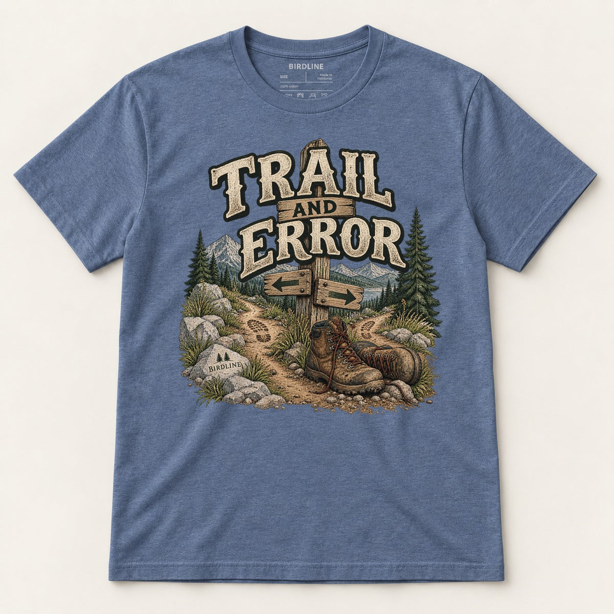 Trail And Error T-Shirt in Heather Indigo, front view