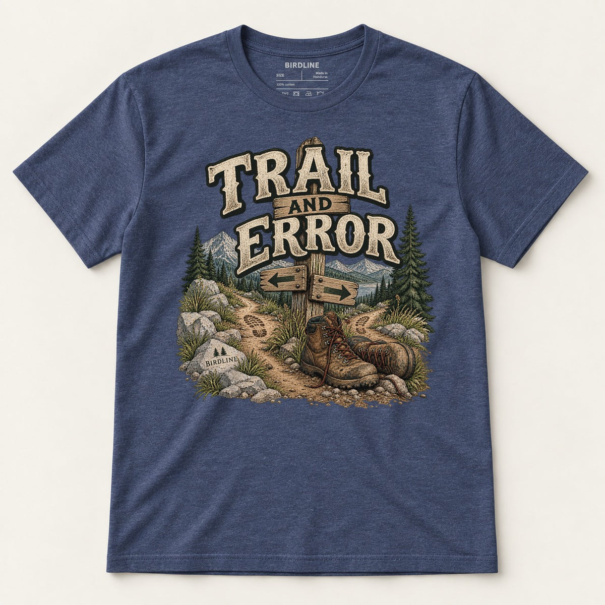 Trail And Error T-Shirt in Heather Navy, front view