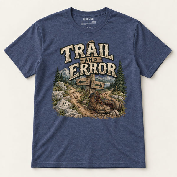 Trail And Error T-Shirt in Heather Navy, front view