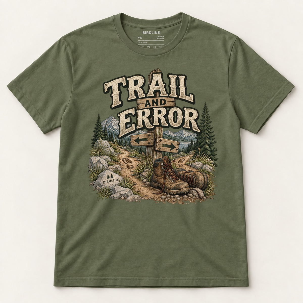 Trail And Error T-Shirt in Military Green, front view