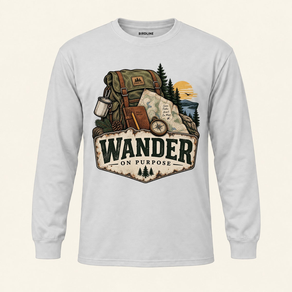 Wander On Purpose Long Sleeve Shirt in Ash, front view premium-quality garment detail