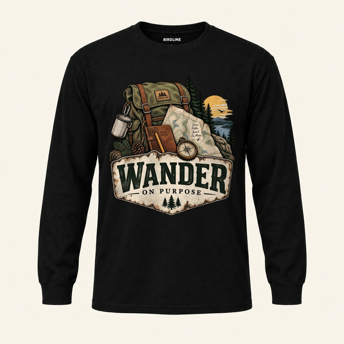 Wander On Purpose Long Sleeve Shirt in Black, front view