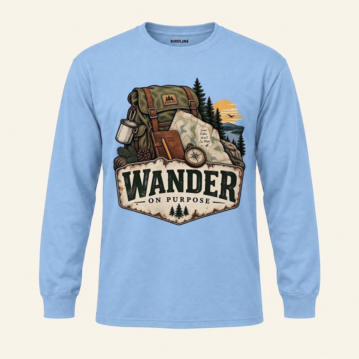Wander On Purpose Long Sleeve Shirt in Light Blue, front view