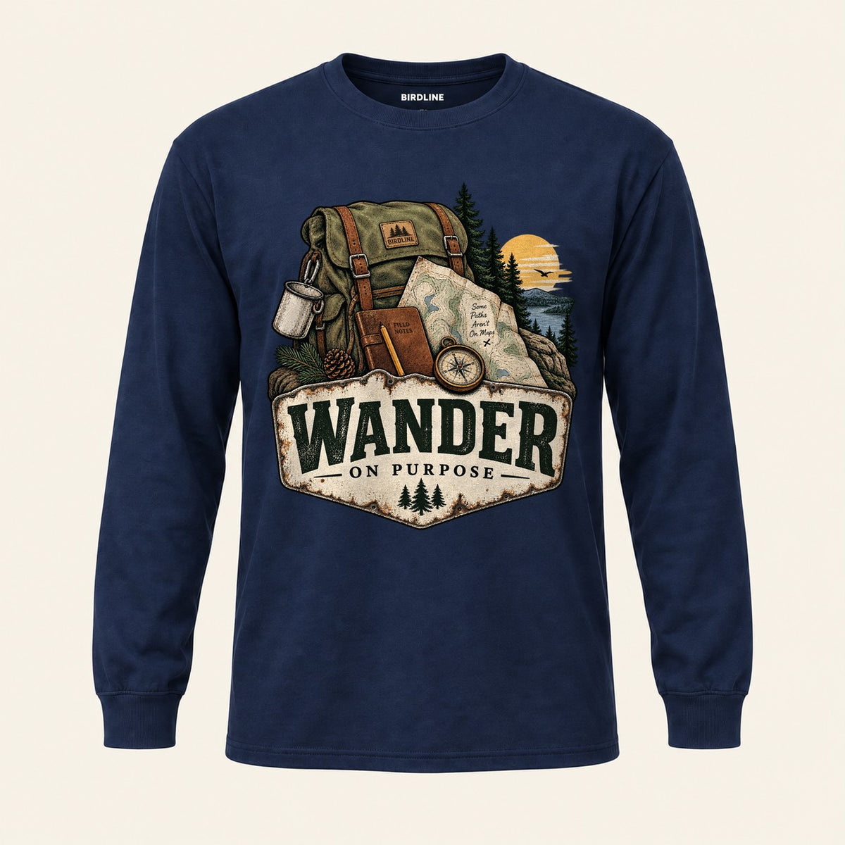 Wander On Purpose Long Sleeve Shirt in Navy, front view