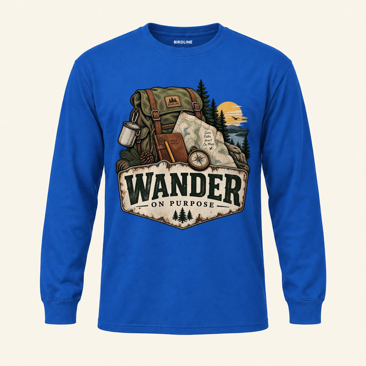 Wander On Purpose Long Sleeve Shirt in Royal, front view
