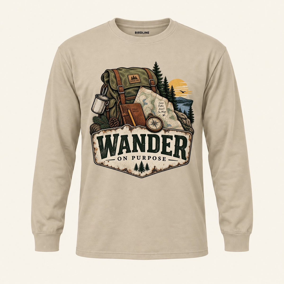 Wander On Purpose Long Sleeve Shirt in Sand, front view
