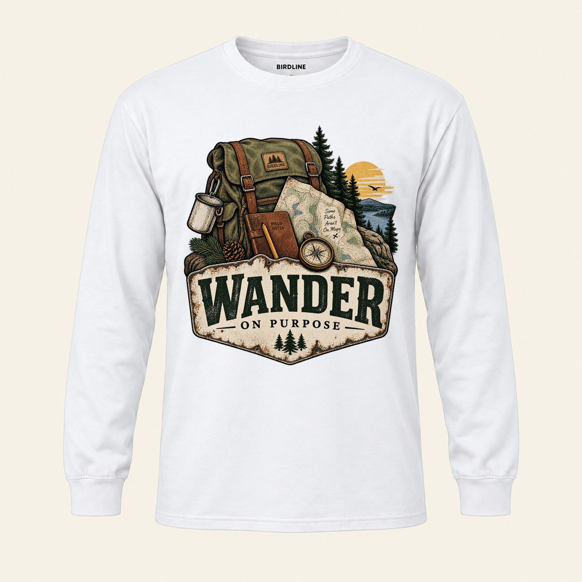 Wander On Purpose Long Sleeve Shirt in White, front view