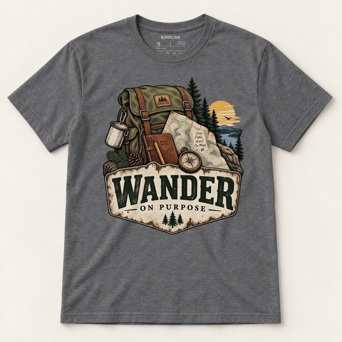 Wander On Purpose T-Shirt in Dark Heather, front view