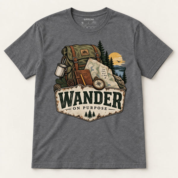 Wander On Purpose T-Shirt in Dark Heather, front view