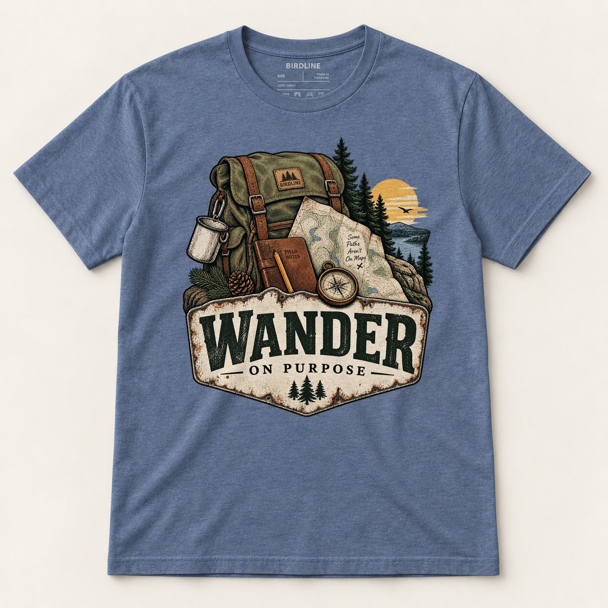 Wander On Purpose T-Shirt in Heather Indigo, front view