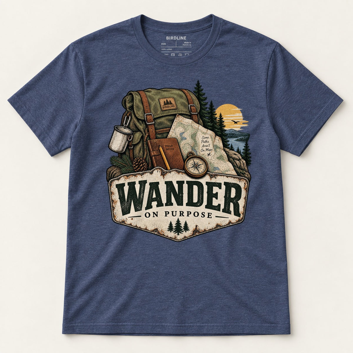 Wander On Purpose T-Shirt in Heather Navy, front view