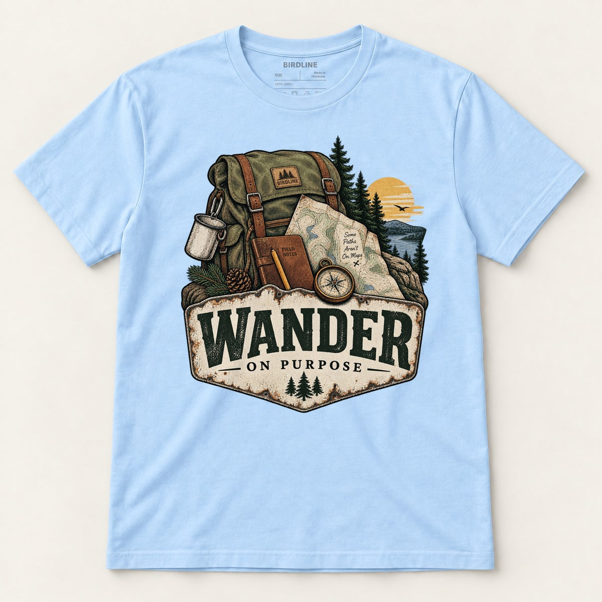 Wander On Purpose T-Shirt in Light Blue, front view