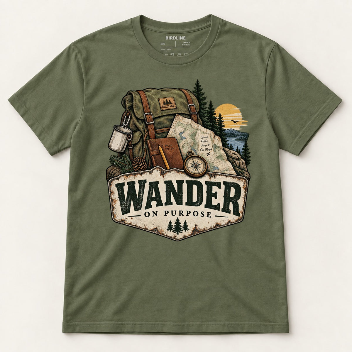 Wander On Purpose T-Shirt in Military Green, front view