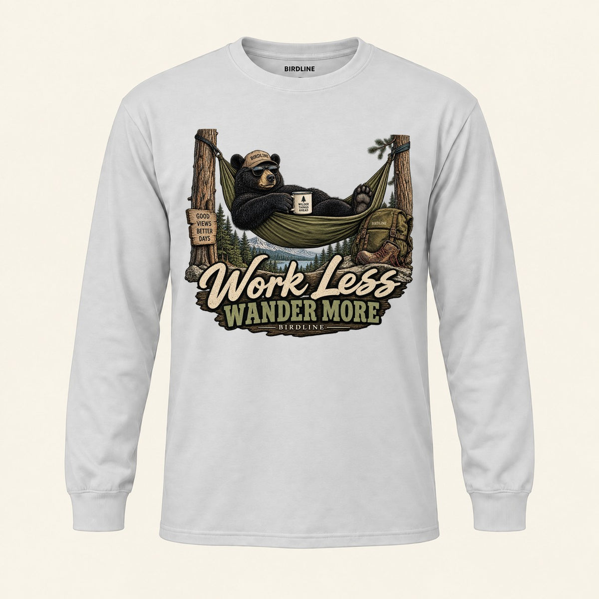 Work Less Wander More Long Sleeve Shirt in Ash, front view