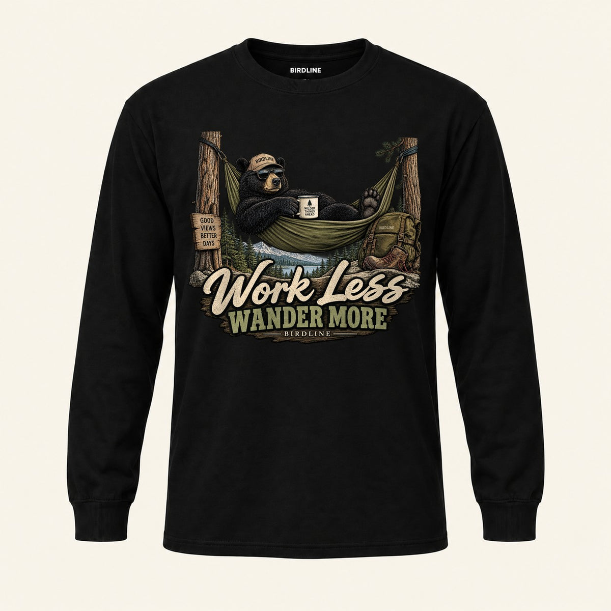 Work Less Wander More Long Sleeve Shirt in Black, front view