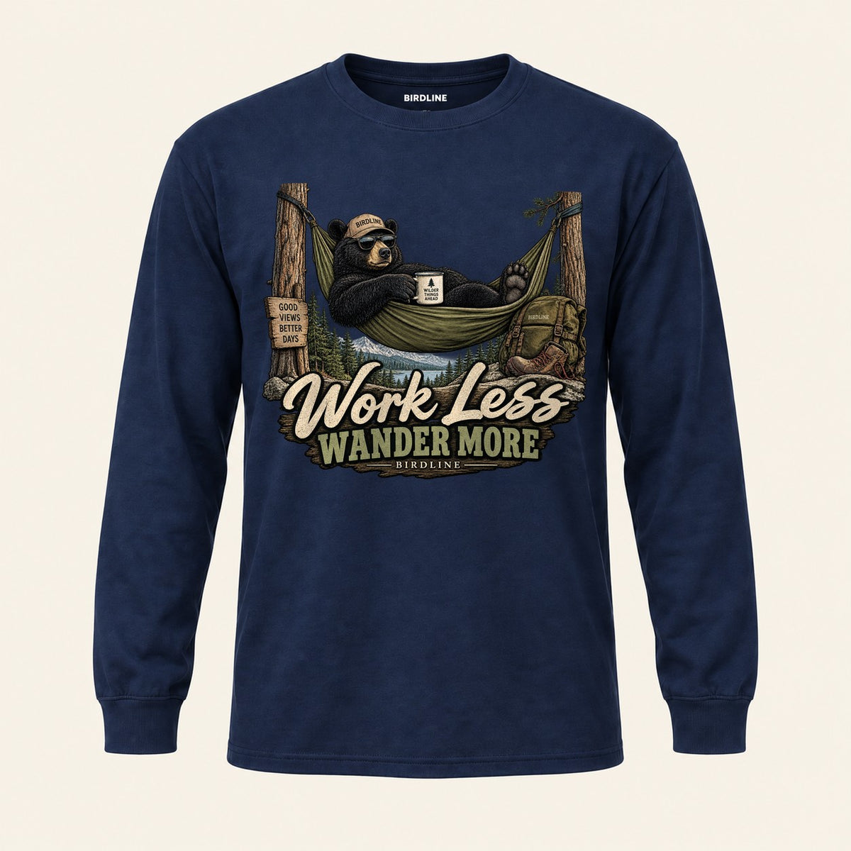 Work Less Wander More Long Sleeve Shirt in Navy, front view