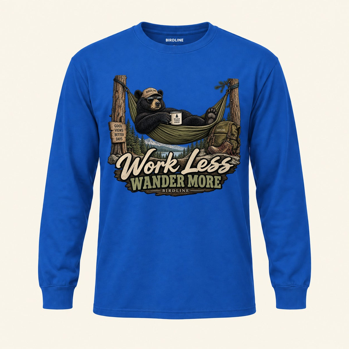 Work Less Wander More Long Sleeve Shirt in Royal, front view