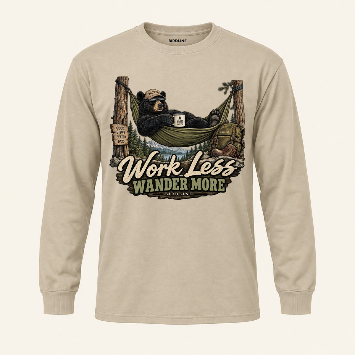 Work Less Wander More Long Sleeve Shirt in Sand, front view