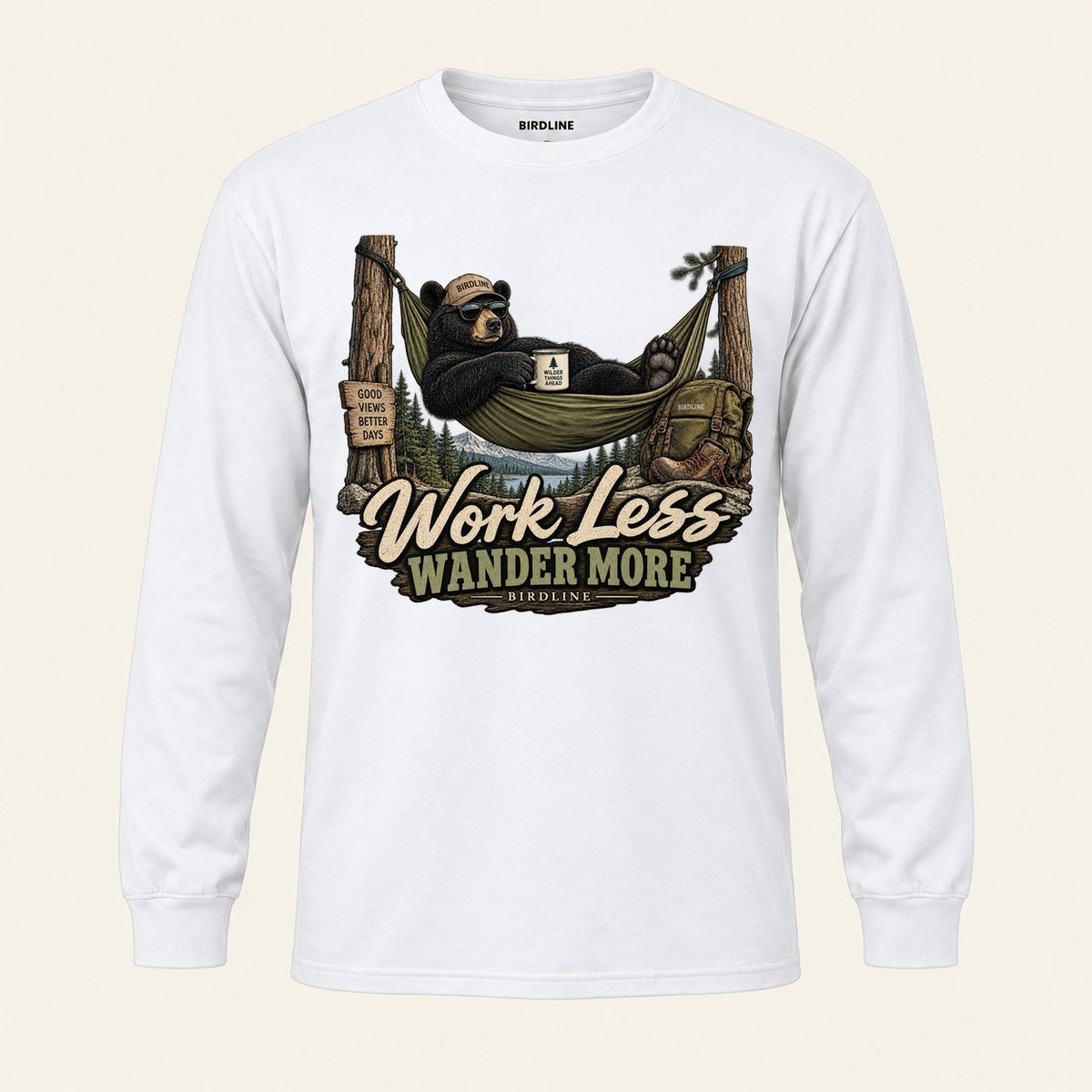 Work Less Wander More Long Sleeve Shirt in White, front view