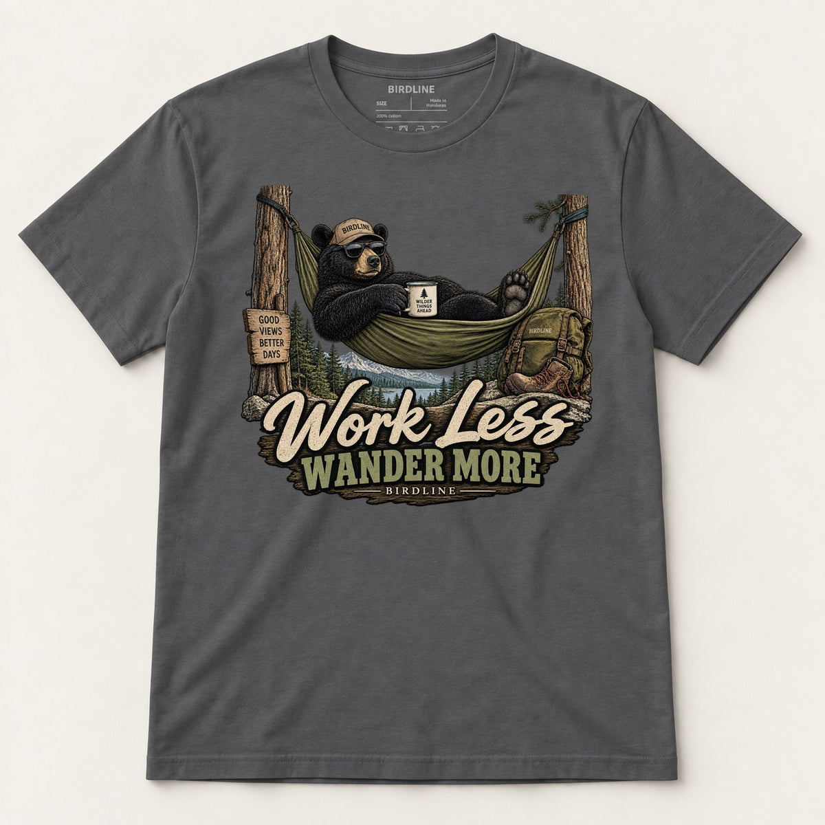 Work Less Wander More T-Shirt in Charcoal, front view