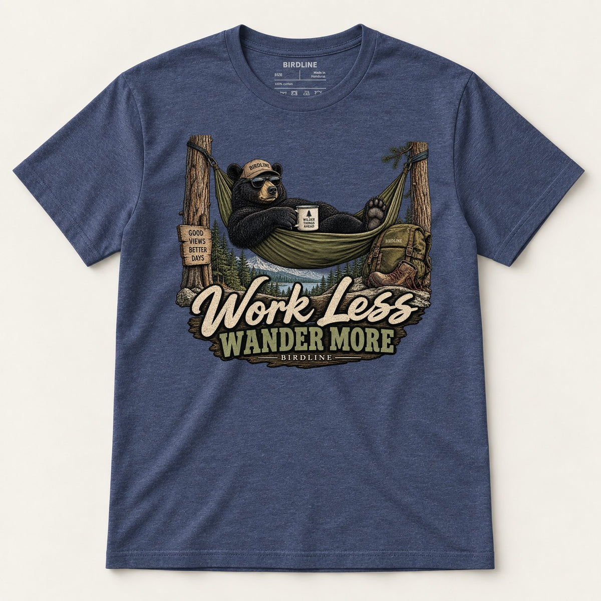 Work Less Wander More T-Shirt in Heather Navy, front view