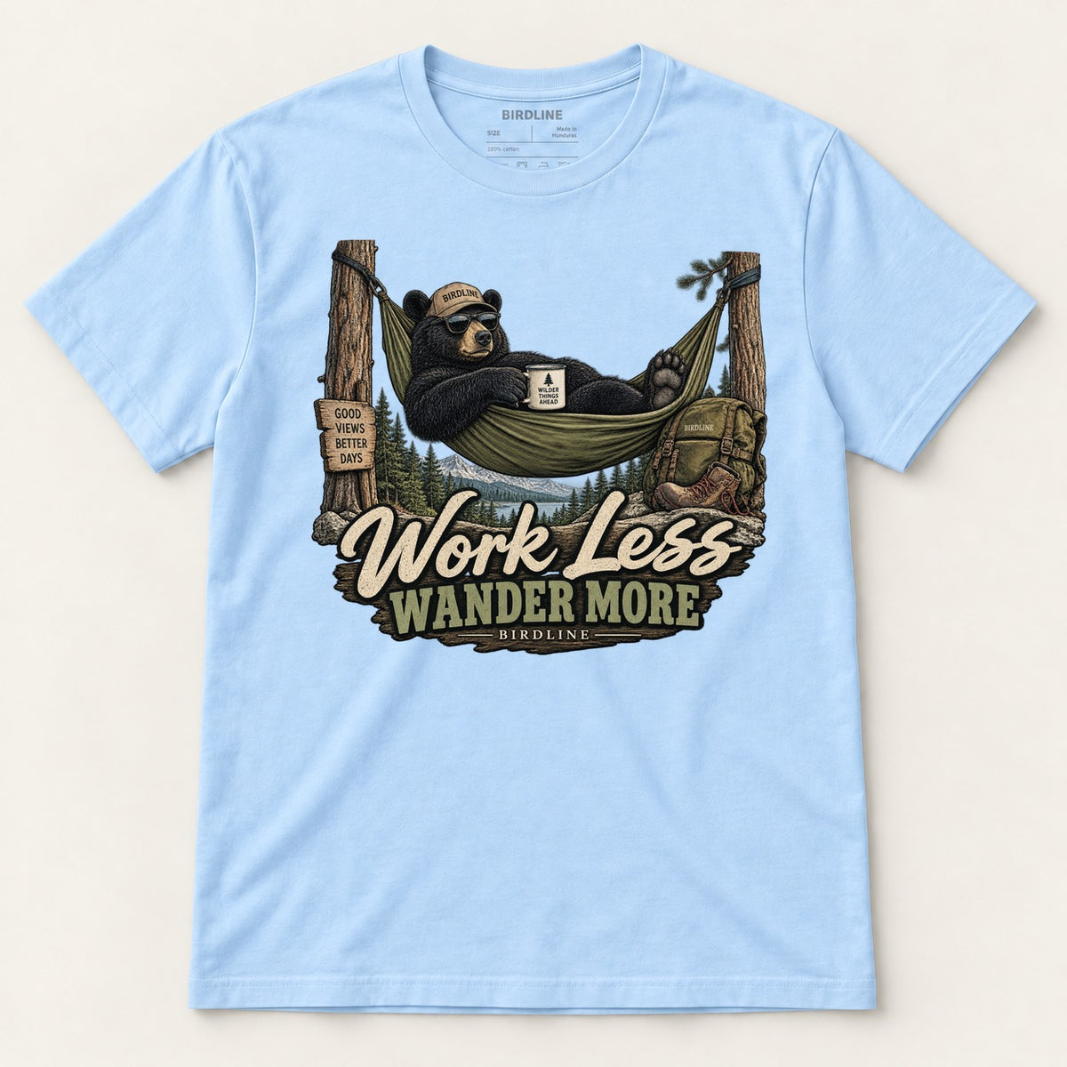 Work Less Wander More T-Shirt in Light Blue, front view