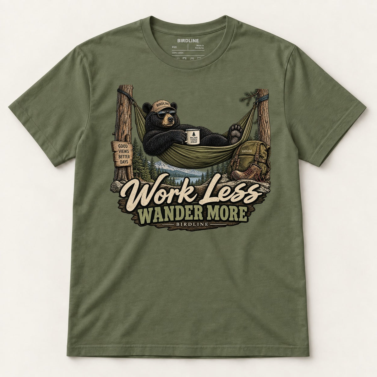 Work Less Wander More T-Shirt in Military Green, front view