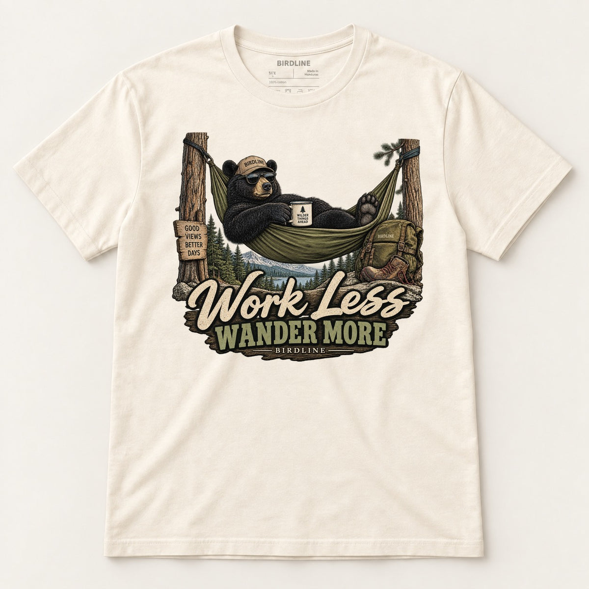 Work Less Wander More T-Shirt in Natural, front view