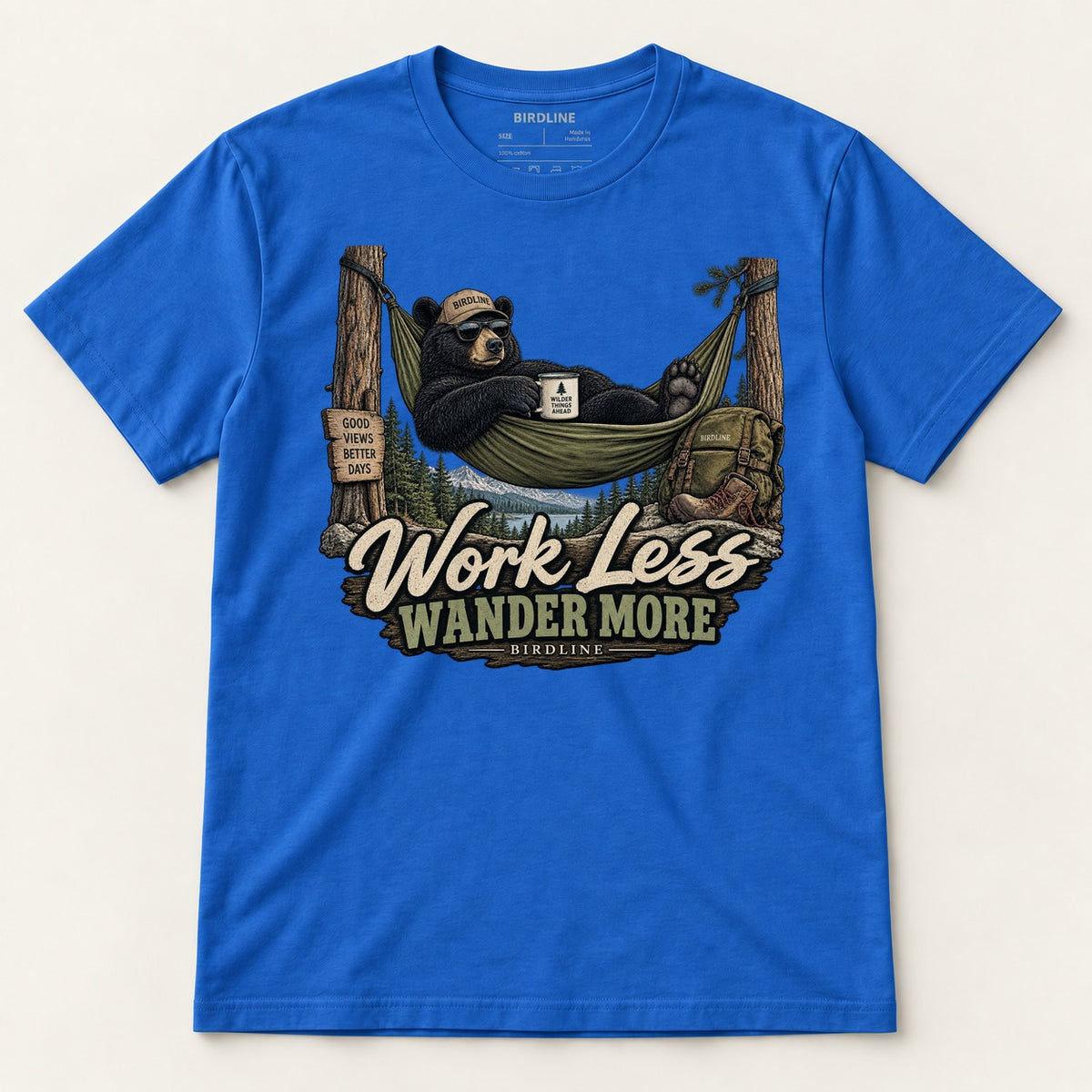 Work Less Wander More T-Shirt in Royal, front view