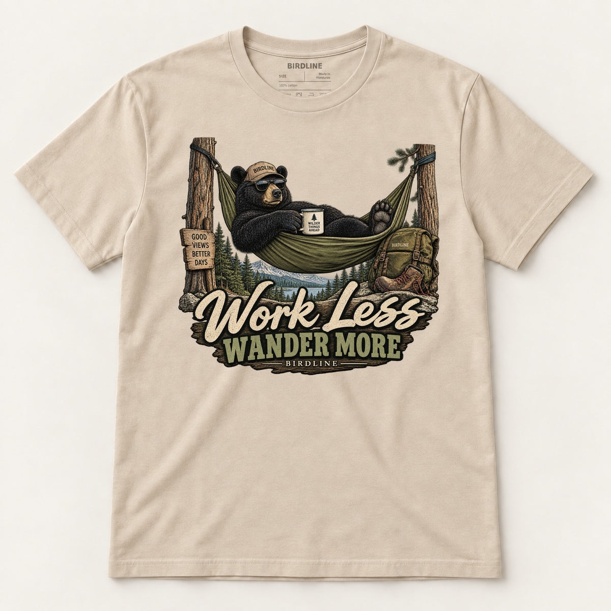 Work Less Wander More T-Shirt in Sand, front view