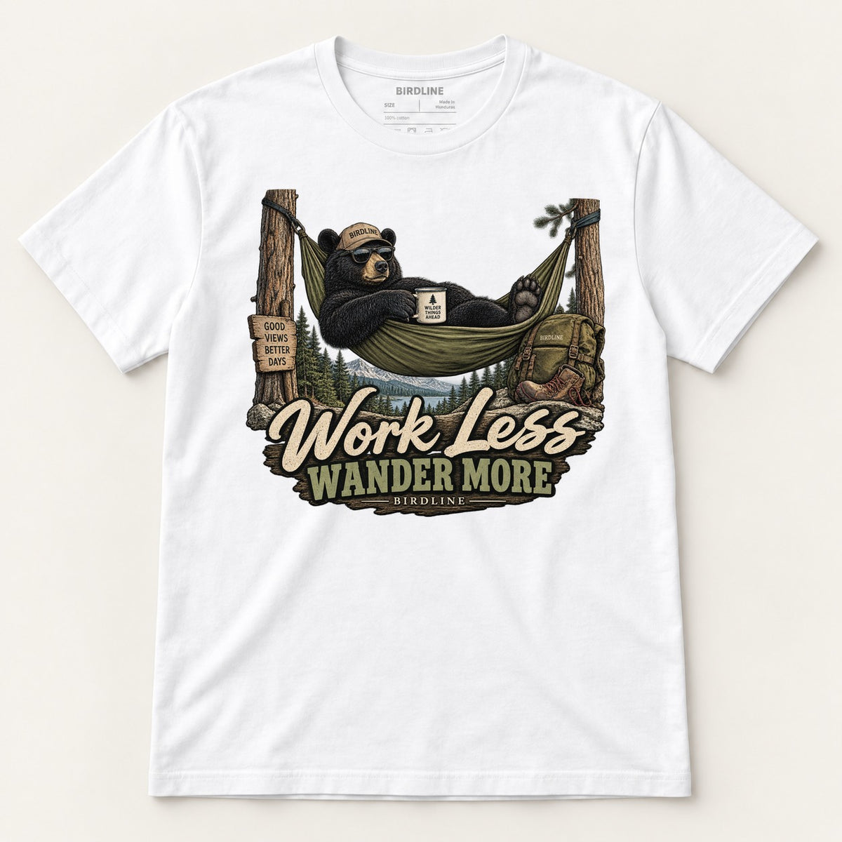 Work Less Wander More T-Shirt in White, front view