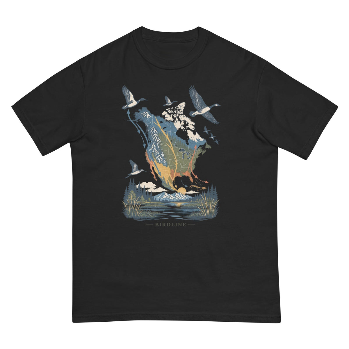 Bird Migration Map North America T-Shirt premium-quality garment detail