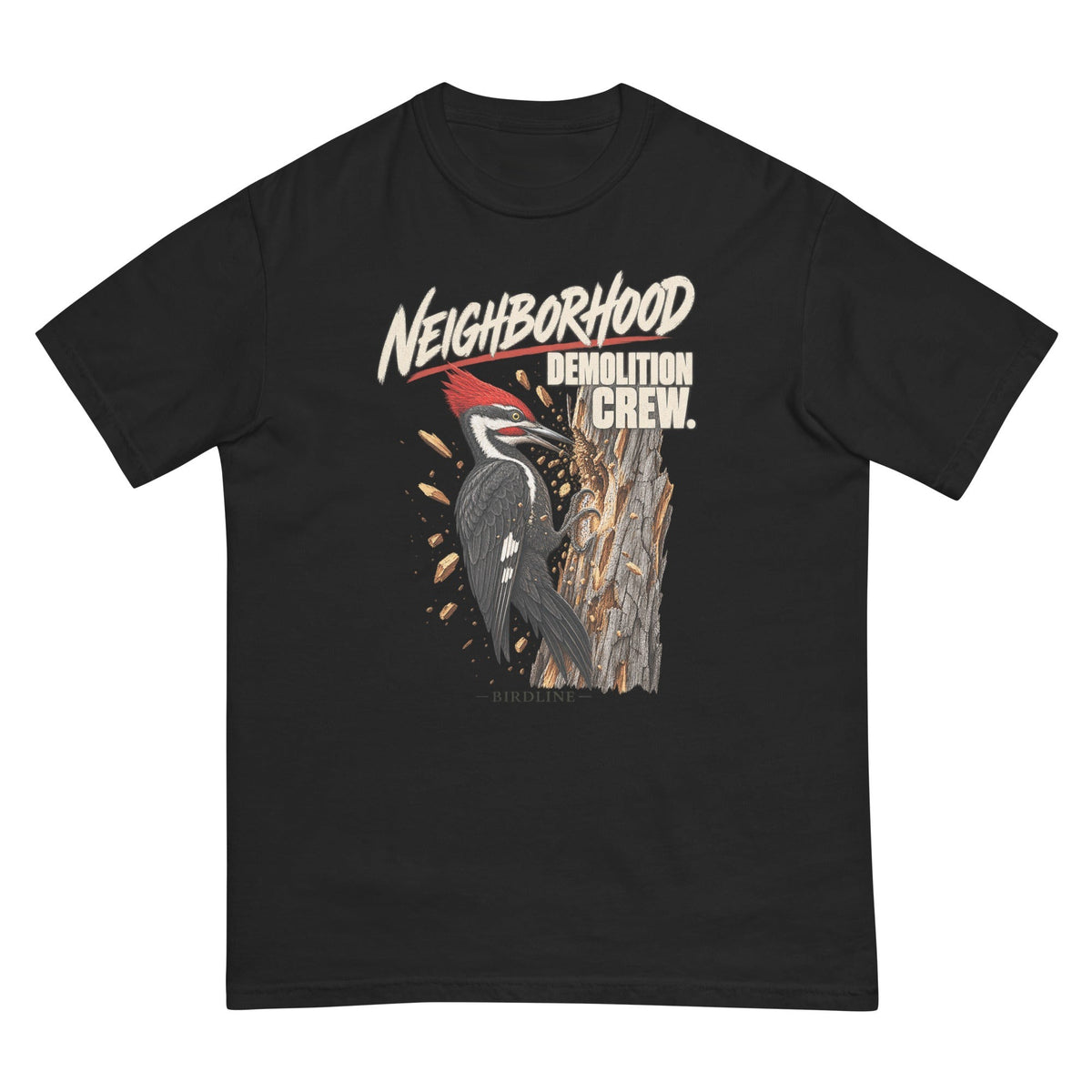 Neighborhood Demolition Crew Pileated Woodpecker T-Shirt premium-quality garment detail
