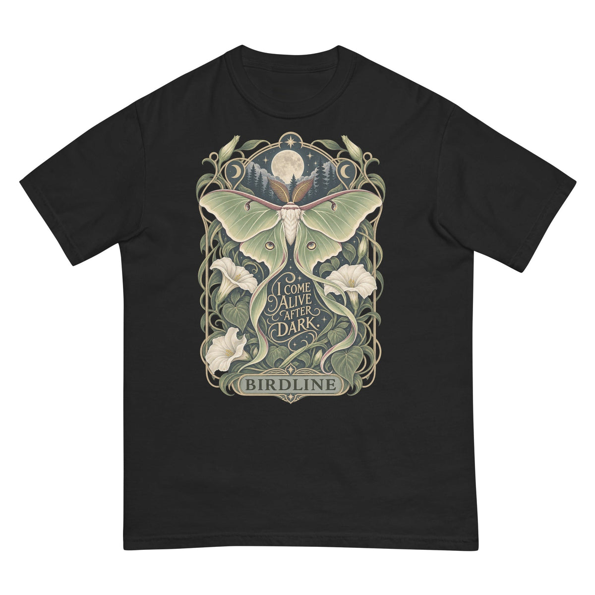 I Come Alive After Dark Moth T-Shirt premium-quality garment detail