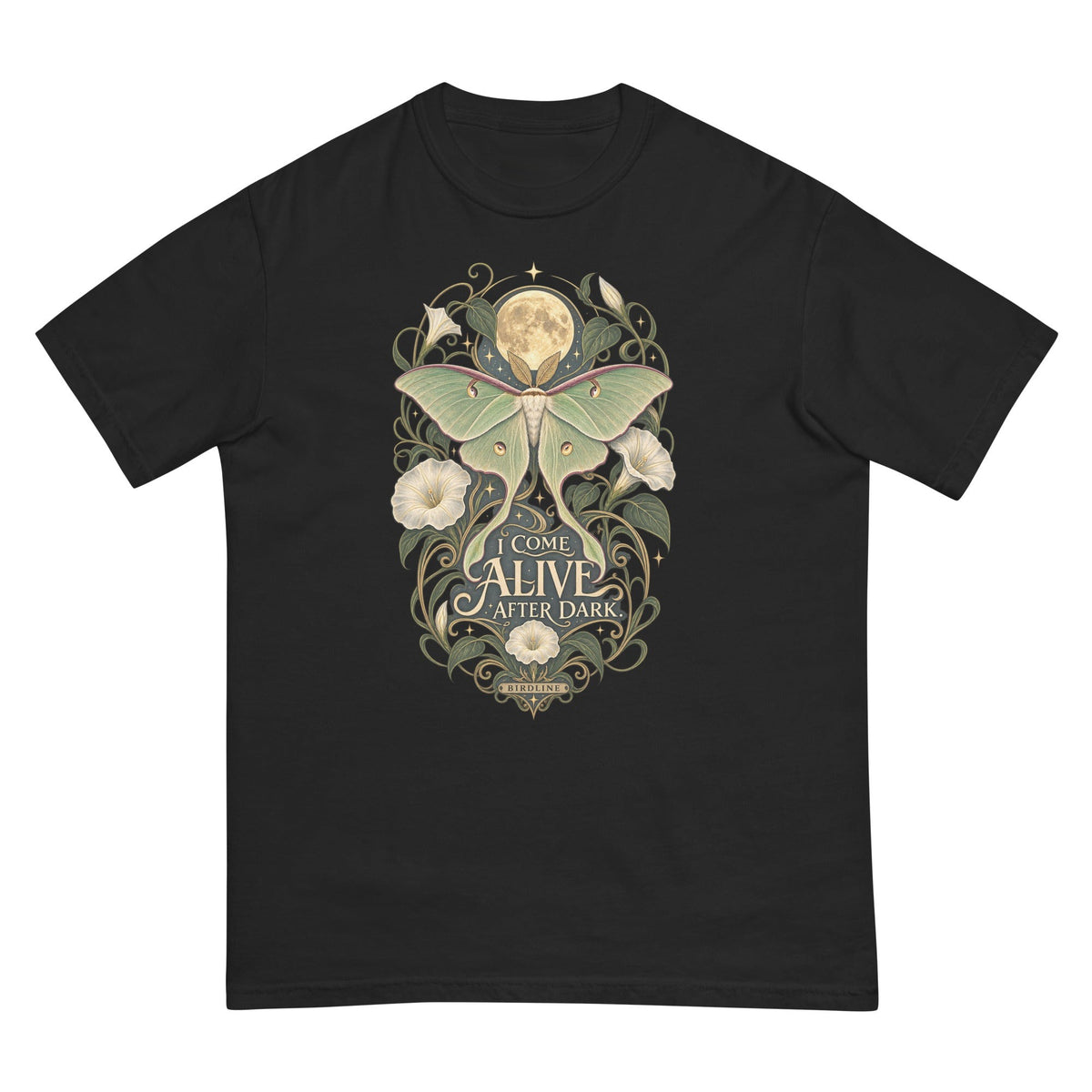 I Come Alive After Dark Moth T-Shirt – Moonlit premium-quality garment detail