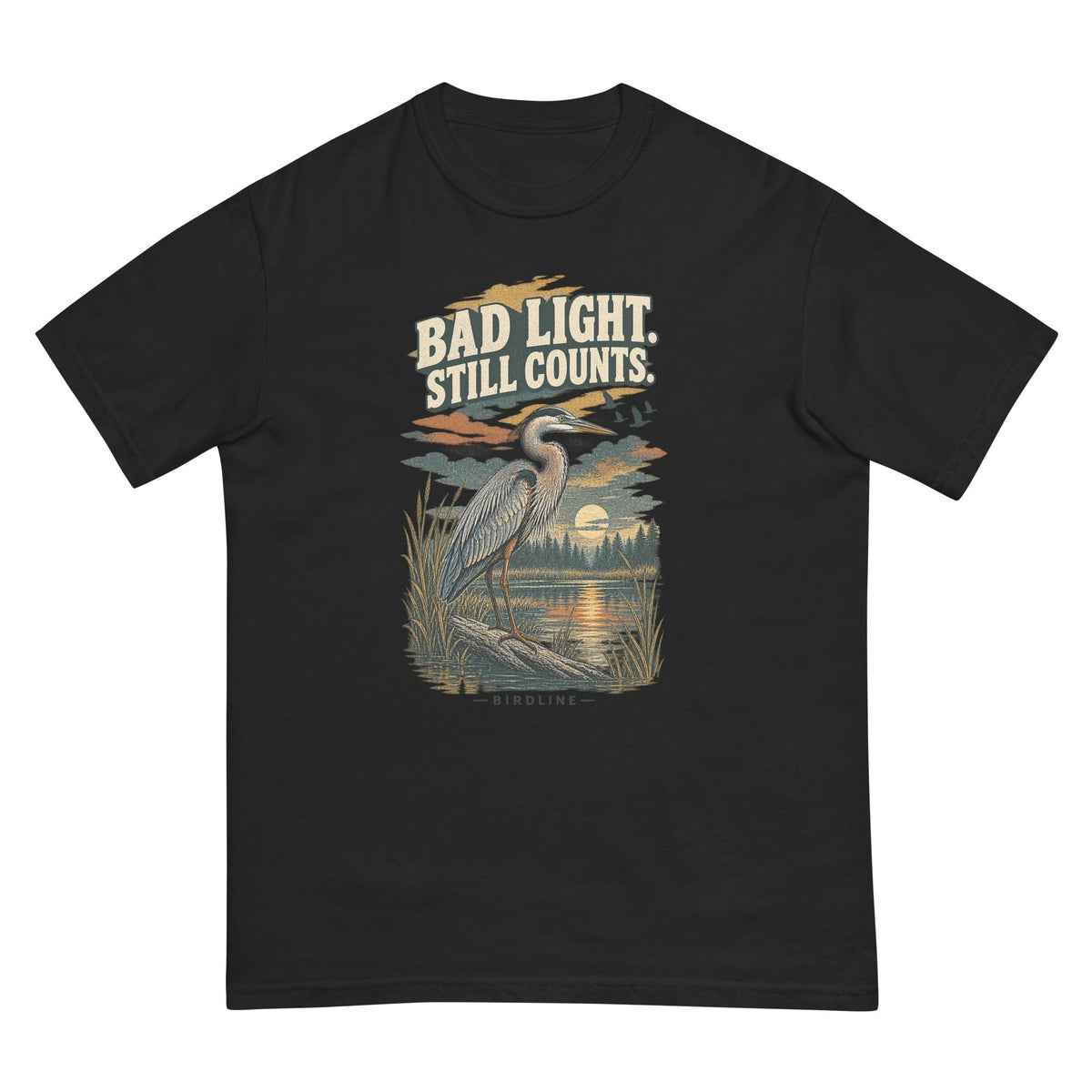 Bad Light Still Counts Heron T-Shirt premium-quality garment detail